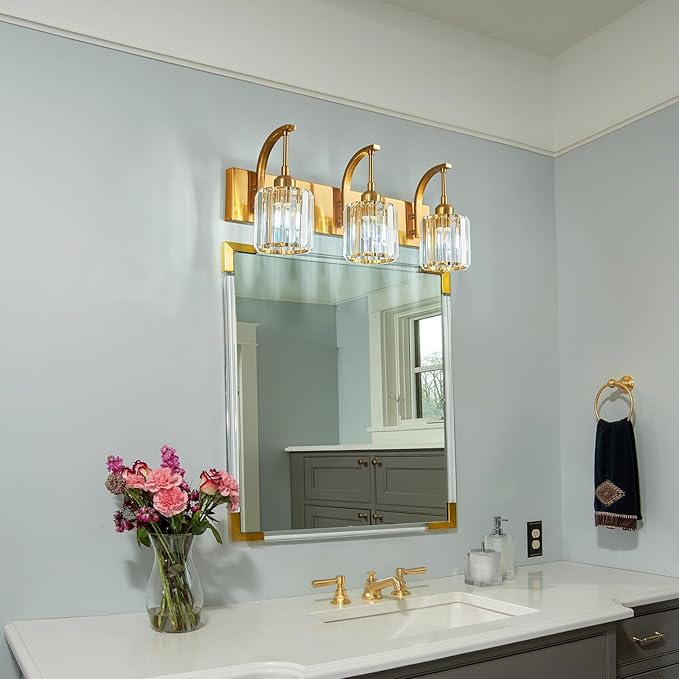 FDPBY 3-Light Crystal Vanity Light, Modern Gold Bathroom Wall Sconce with K9 Crystal Shades, 23.62" Long Over Mirror Lighting for Vanity, Makeup, Hallway, Elegant & Durable