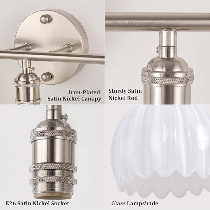 Shenmoyl Bathroom Light Fixtures, 3-Light Vanity Wall Light Over Mirror with White Tulip Glass Shade for Bedroom Living Room (Bulb Not Included), Satin Nickel