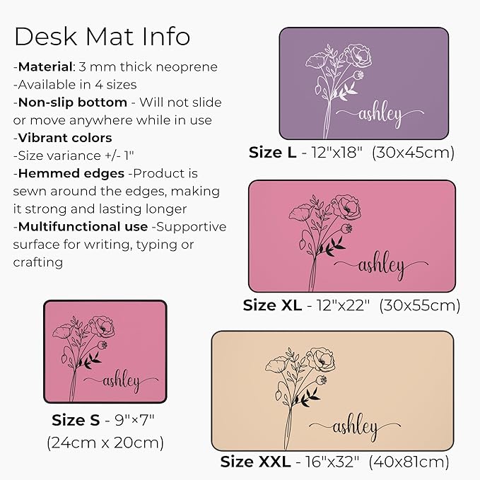 Hilis Personalized Gift Custom Mouse Pad, Personalized Birth Flower, Color and Name. Gaming Office Work Desk Mat, 4 Sizes Mousepad, Office Supplies & Desk Accessories