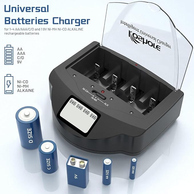 Universal Rapid Battery Charger for Alkaline, AA, AAA, C, D, 9V Ni-MH Ni-CD Rechargeable Batteries, Come with FCC & UL Certified. Black