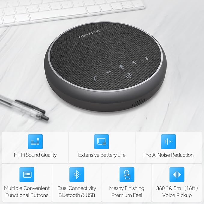 N newline Conference Speaker and Microphone, 2 Mics 360° Voice Pickup, AI Noise Reduction & Clear Calls, USB & Bluetooth Speakerphone, Up to 12H Call Time, for Small-to-Mid Meetings & Home Office