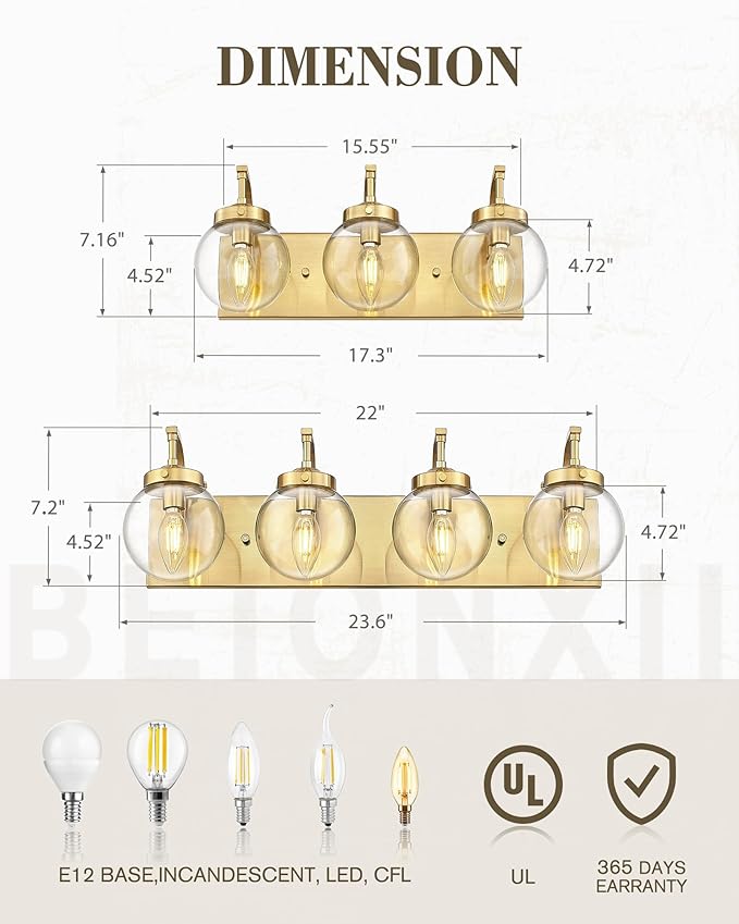 Beionxii Bathroom Vanity Light, 3-Light Brushed Gold Bathroom Light Fixtures, Modern Vanity Lights with Clear Glass Shade, Wall Sconces Lighting Over Mirror Living Room Hallway, BX-VL03BG-3CG