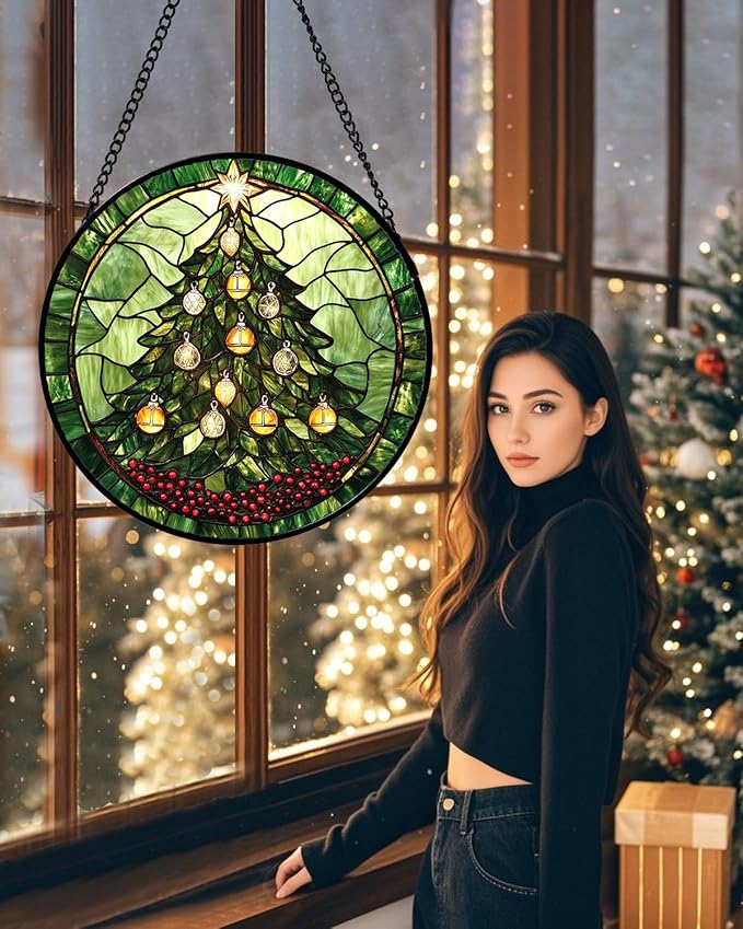 DASTOLL Stained Glass Window Hanging - Green Christmas Tree Golden Bells Suncatcher for Doors Home Christmas Decoration Sun Catcher Thanksgiving New Year Birthday Gift for Women Men Mom Nana 6.3 in