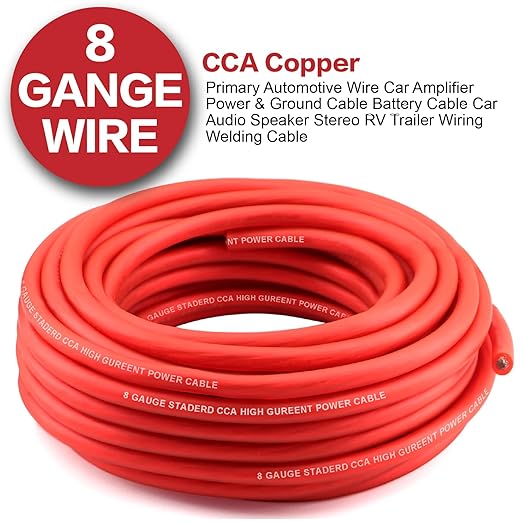 8 Gauge Wire (50ft Each - Red/Black) Copper Clad Aluminum CCA - Primary Automotive Wire,Car Amplifier Power & Ground Cable, 20PCS Lugs Terminal Connectors,60A Fuse Holder and Heat Shrink Tube