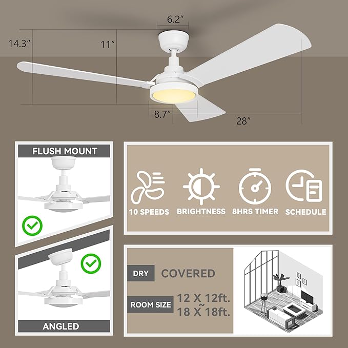 SMAAIR 56 Inch Smart Wifi Ceiling Fans with Dimmable LED Lights and Remote, Compatible with Alexa/Google Home/Siri/APP, Outdoor DC Fans with 10 Speeds, Timer/Schedule, White