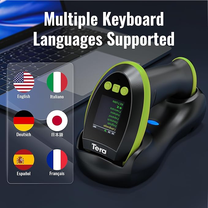 Tera Barcode Scanner Wireless with Screen: Pro Version 1D 2D QR with Setting Keypad Charging Cradle Works with Bluetooth 2.4G Wireless USB Wired Handheld Bar Code Reader HW0009 Green