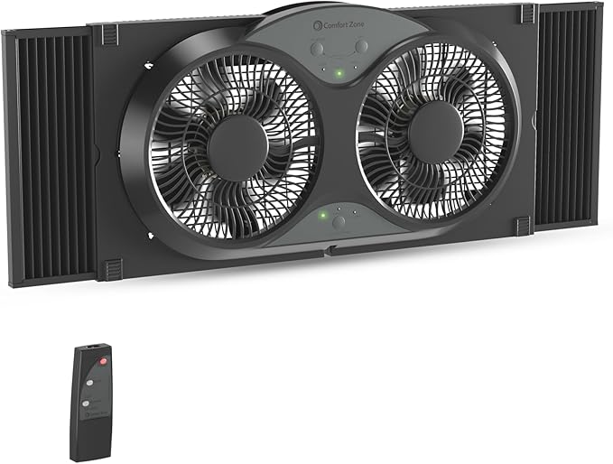Comfort Zone Window Fan for Bedroom, 9 inch 3 Speed Dual Fans with Auto-Locking Expanders, 3 Modes (Cool, Circulate, Exhaust), Remote Control, Fabric Cover plus Bug Screen, Black