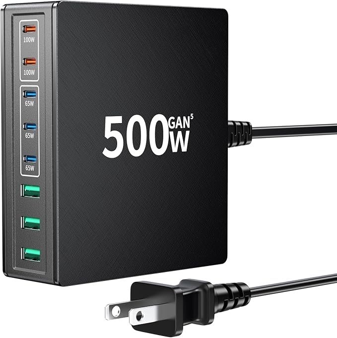 500W USB C Charger Block: 8-Port GaN Charging Station Hub - Dual 100W PD, 3x65W USB-C Fast Charge, Compact Adapter - Wall Plug Power Hub for MacBook Pro iPhone 16 iPad Dell XPS Galaxy Travel Office