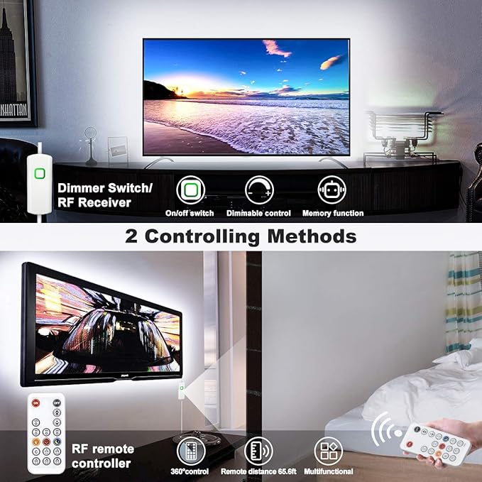MY BEAUTY LIGHT LED Strip Lights White,65.6ft Dimmable LED Light Strip with RF Remote,1200 Bright 6500K 2835 LEDs,Plug-in Adhesive Rope Lights with Timing Mode for Living Room Bedroom Kitchen