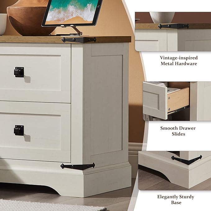 T4TREAM 24" Farmhouse Nightstand with Charging Station Set of 2, Large End Table with 2 Storage Drawers, Rustic Wood Sofa Bedside Table for Bedroom, Antique White