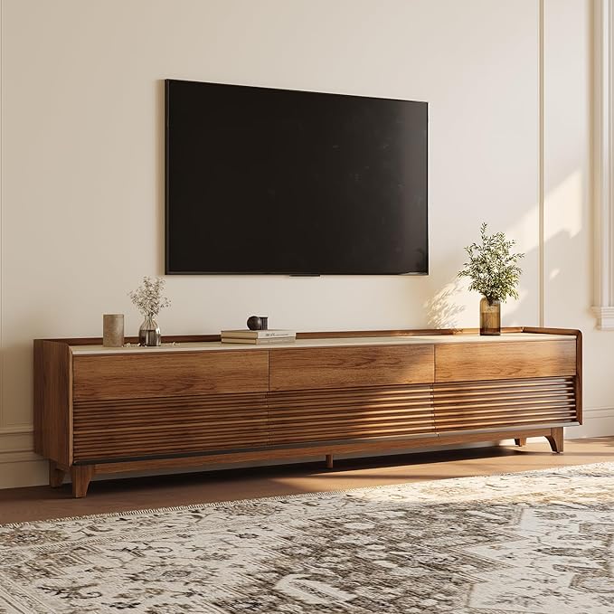 POVISON Fully-Assembled Mid Century Matte Sintered Stone TV Stand with Legs, 94.49" Wood Media Console with Adjustable LED Light, Entertainment Center with Storage for Living Room
