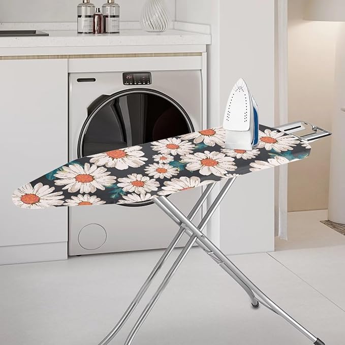 ZCFYGDX Breathable Ironing Board Cover,Resist Scorch Polyester & Staining,Wear & Soil Resistant Covers, Easy Installation 3 Fasteners,Elastic Edges (17 x 49 inch) Oil Painting White Daisy Print
