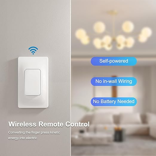 Thinkbee Self-Powered Wireless Light Switch and Receiver Kit, Kinetic Remote Control Wall Switch for Lights LED Lamps Ceiling Lighting Fixture Fans No Battery No WiFi Needed