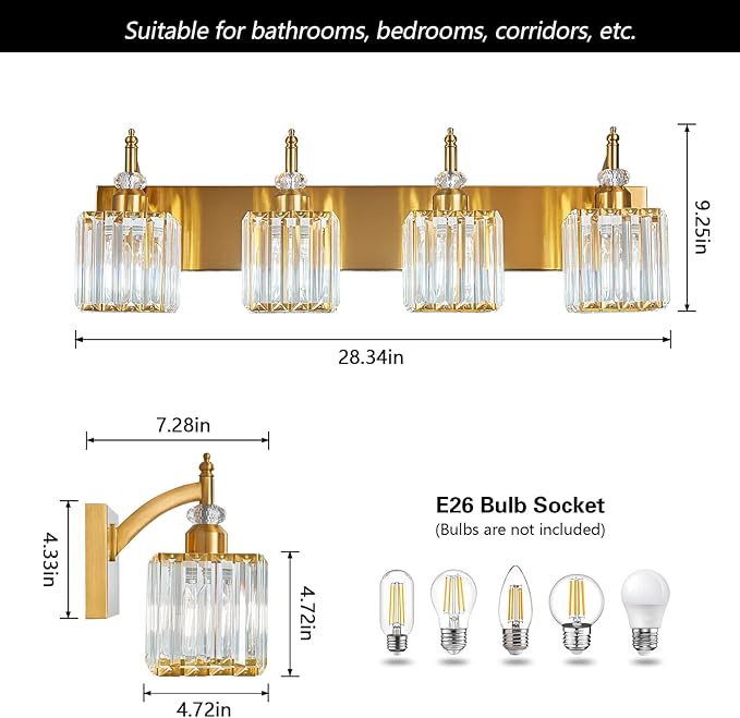 BBLLWJ Modern Bathroom Vanity Light 4-Light Gold Crystal Light Fixtures Over Mirror for Bathroom Wall Sconce