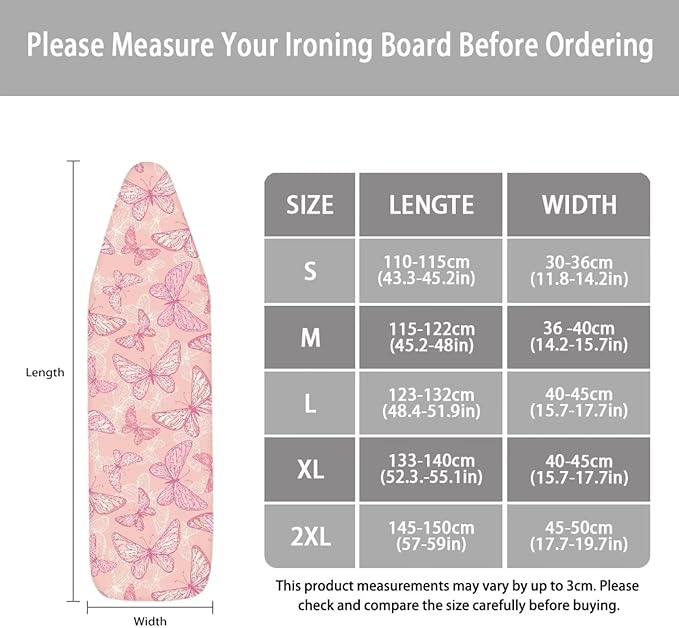 ZCFYGDX Breathable Ironing Board Cover Decor, Resist Scorching & Staining, 14x45 Wear & Soil Resistant Covers, Elastic Edges,3 Fasteners,Anti-Scorch Polyester Butterfly Pattern Pink Print
