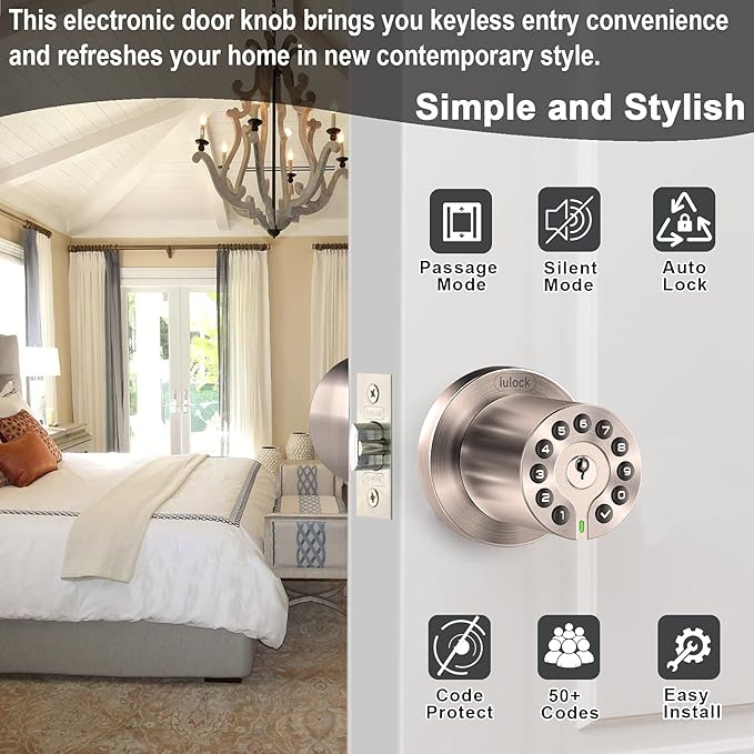iulock Waterproof Electronic Door Knob with Keypad and Key, Auto Lock, Satin Nickel, 50 Codes, Easy to use and install for Office/Warehouse/Bedroom/Garage