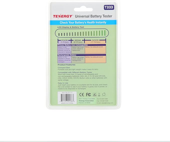 Tenergy T-333 Universal Battery Tester, LCD Display, Cell Checker, Multi-Purpose Small Battery Tester, for AA, AAA, C, D, 9V, CR123A, CR2, CRV3, 2CR5k CRP2, and Button Cell Batteries