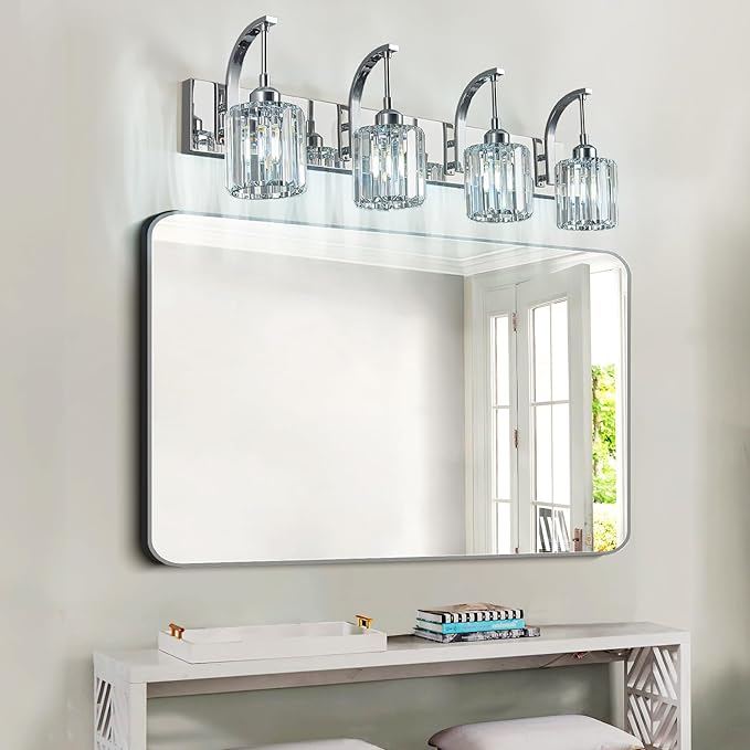 FDPBY 4-Light Crystal Vanity Light, Modern Chrome Bathroom Wall Sconce with K9 Crystal Shades, 32.67" Long Over Mirror Lighting for Vanity, Makeup, Hallway, Elegant & Easy Install