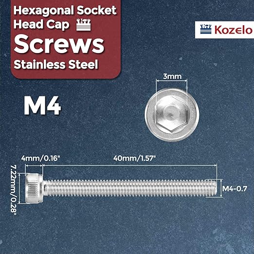 Kozelo 50pcs Socket Head Cap Screws - [M4-0.7 x 40mm] 304 Stainless Steel Allen Socket Drive for Electrical Motor 3D Printing Fan Engine Replacement Use, Silver