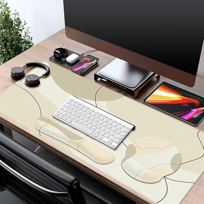 iCasso Large Gaming Mouse Pad Wrist Support Set, Desk Mat, 4in1 XXL Mousepad + Keyboard Wrist Rest+Mouse Wrist Rest+Coaster Set with Ergonomic Design for Home Office Table Computer-Brown Art