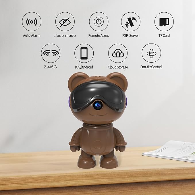 dzcctvipc Cute Bear 2K Robot & Pet Camera – Hidden Indoor Security, Motion & Baby Cry Detection, Privacy Mode, 5G Dual-Band, Pan & Tilt, Full HD Night Vision, 24/7 Recording, 2-Way Audio