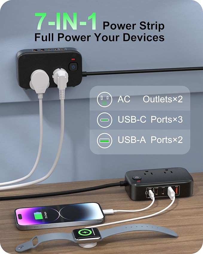 KWRNVO 5FT Travel Power Strip with USB Ports, 7-IN-1 Flat Extension Cord USB C Power Strip with 2500W AC Outlets, 3 USB-C Ports, 2 USB-A Ports Outlet Extender for Home/Office/Travel Essentials