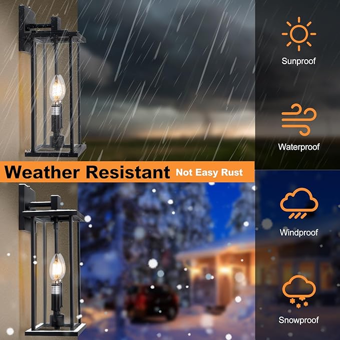 SIAFAVOI 16" Large Dusk to Dawn Outdoo Wall Light Fixtures, Black 2-Pack Exterior Front Porch Light, 2-Light Outdoor Wall Sconce for Outside Patio, Waterproof Exterior Wall Lamp Lighting