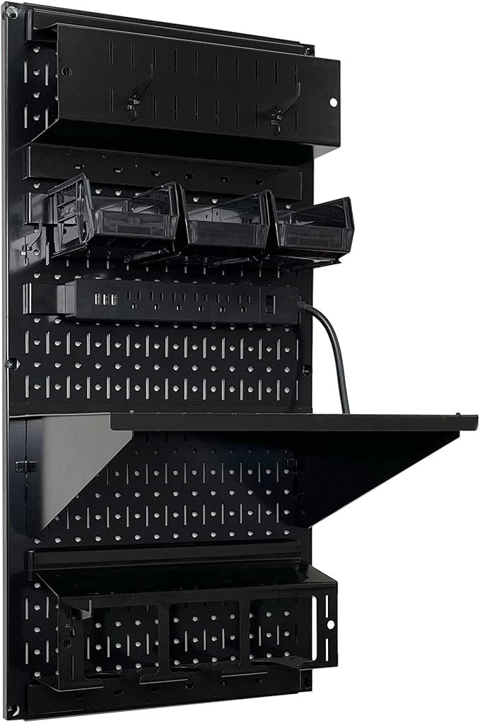Wall Control Power Tool Storage Organizer Kit Cordless Drill Holder Charging Station Rack 16” x 32” Metal Pegboard Organization System (Black Pegboard)