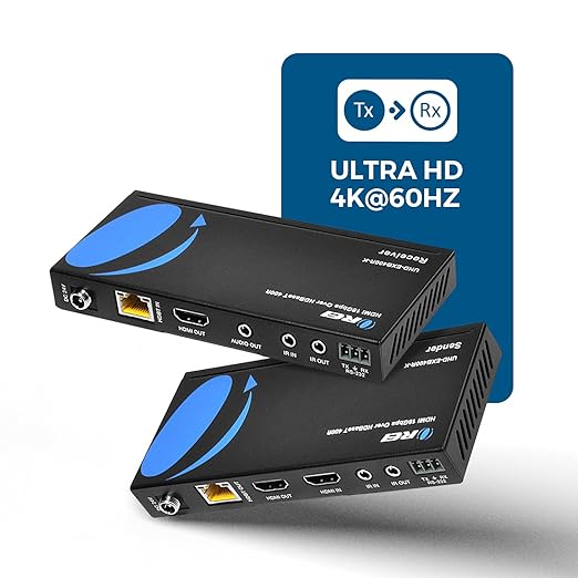 OREI 4K HDMI over Ethernet Extender Balun - HDBaseT UltraHD 4K @ 60Hz 4:4:4 CAT5e/6/7 Cable with HDR, CEC & IR Control, RS-232 Up to 400 Ft Loop Out POC Audio Out (UHD-EXB400R-K)