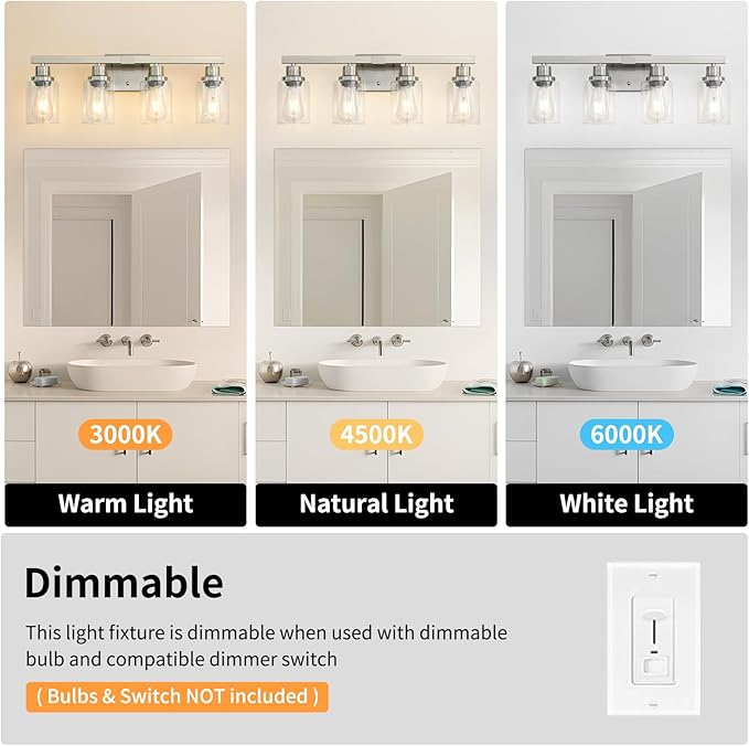 DIKAIDA Bathroom Vanity Light, 4-Light Nickel Modern Matte Wall Sconce Lighting with Clear Glass Shade, Wall Lights,Bath Vintage Wall Mounted Lamps for Mirror Bedroom Living Room