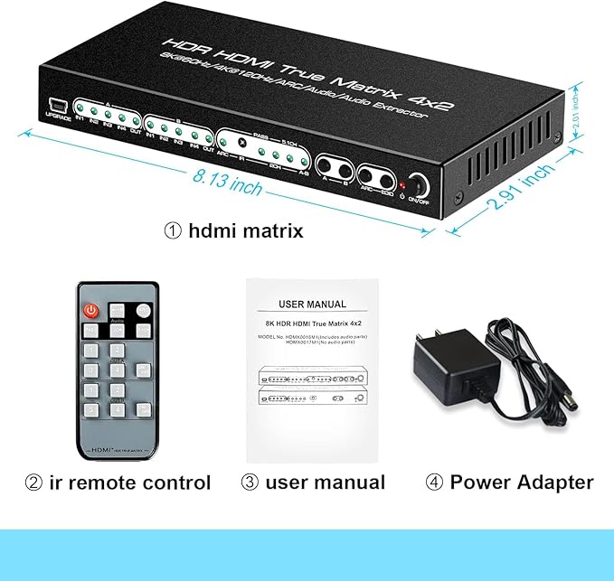 FERRISA 8K 4X2 HDMI Matrix 4 in 2 Out HDMI 2.1 Matrix HDMI Video Switcher Splitter +Optical & L/R Audio Output,Support 4K 120Hz,HDR10 HDCP2.3 Dol-by Vision Atmos SPDIF 5.1CH ARC CEC with IR Remote