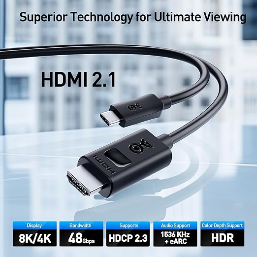 Cable Matters Unidirectional USB C to HDMI 2.1 Cable - 15ft, Support 4K@240Hz and 8K@60Hz, HDR - Thunderbolt 4, Thunderbolt 5, USB 4 Compatible with MacBook Pro, XPS, ThinkPad - Max 4K@60Hz on macOS