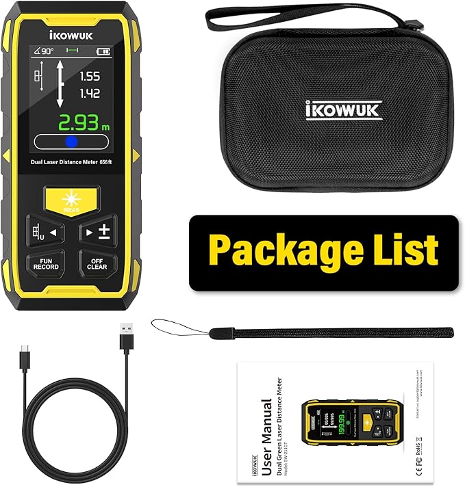IKOVWUK Dual Laser Measuring Tool, 393FT/120M Bilateral Laser Distance Meter 6 Unit Switching, Rechargeable Digital Laser Measure with Backlit LCD Display, Angle Sensor, Multiple Measure Mode
