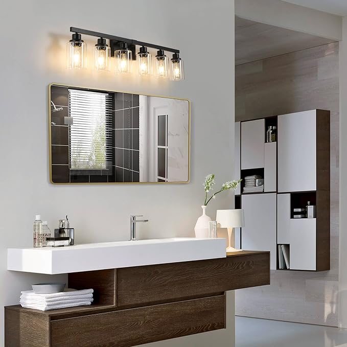 DIKAIDA 6-Light Black Vanity Lights 38'' Modern Bathroom Vanity Lighting Fixtures Above Mirror， Industrial Matte Bathroom Light Fixtures, Bath Wall Light Fixtures, Black Wall Sconces