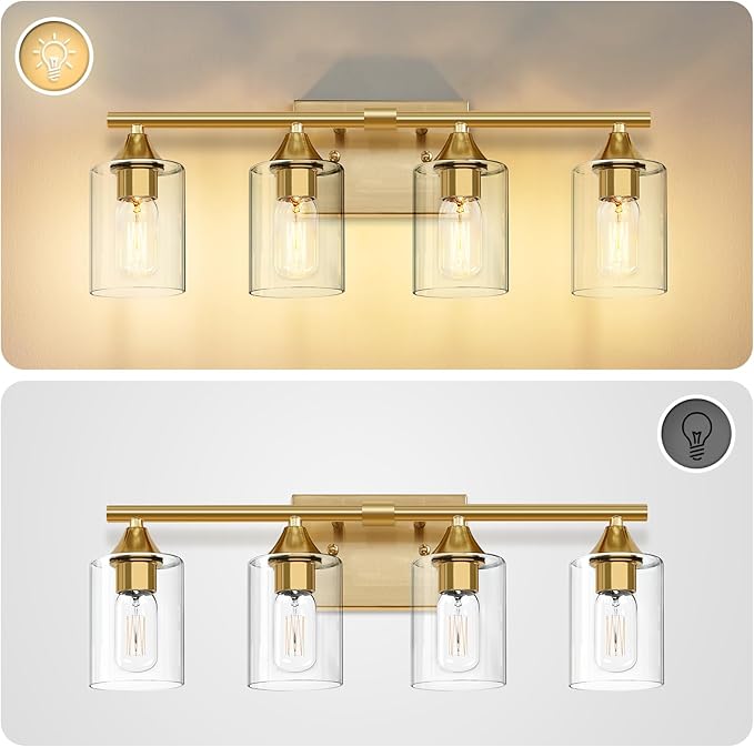 XPEHK Brushed Gold Vanity Light,4 Light Gold Bathroom Light Fixtures,Bathroom Lights Over Mirror with Clear Glass Shade,Modern Wall Lighting for Mirror Bedroom Vanity Hallway
