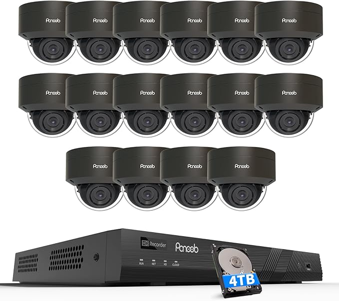PANOOB 16 Channel Security Camera System 4K PoE, 16x 8MP IK10 Vandal Proof Dome Camera w/Smart Human Vehicle Detection, Wired IP Camera Outdoor Built-in Mic, 4K 8MP 16CH NVR 4TB HDD, PD54B1616-8M