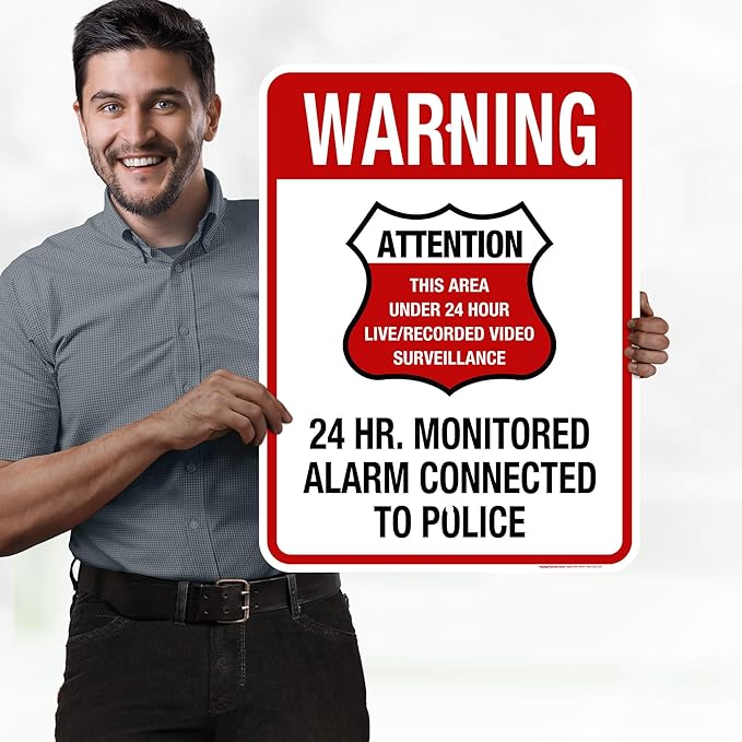 Warning 24 HR. Monitored Alarm Connected To Police Sign, 18x24 Inches, Rust Free .063 Aluminum, Fade Resistant, Made in USA by My Sign Center