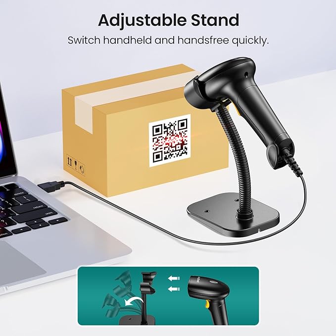 Anyeast Barcode Scanner with Stand: USB Wired Inventory 2D 1D QR Code Scanner,Compatible with Computer POS MAC with Automatic Scanning, Handheld Barcode Reader for Library Supermarket（Yellow）