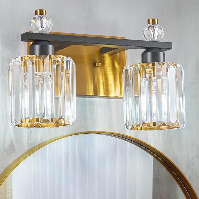 FDPBY Bathroom Vanity Lights 2-Light Black Gold Modern Crystal Vanity Light Fixtures Over Mirror Crystal Bathroom Vanity Lighting Fixtures