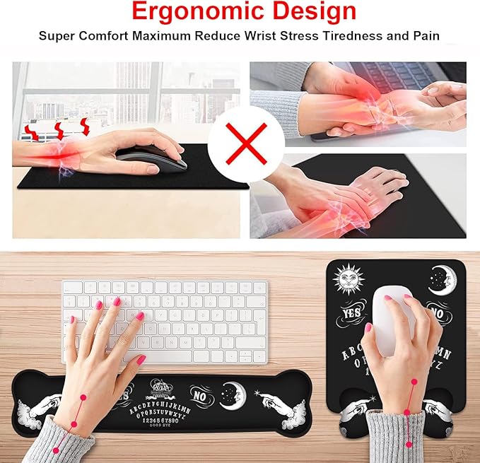Wrist Rest Support Ergonomic Gel Mouse Pad & Memory Foam Keyboard Set, Non-Slip Rubber PU Base for Home Office Working Studying Easy Typing & Pain Relief, Ouija Board