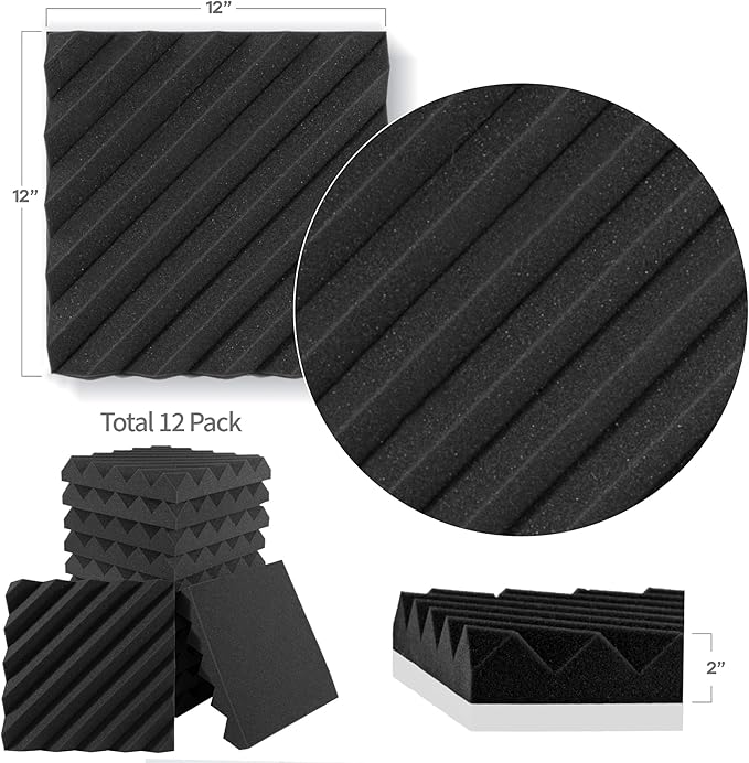 Foroomaco 12 Pack Sound Proof Foam Panels for Walls, 12x12x2 Inches Slash Style Acoustic Panels for Home Studio Acoustic Treatment (Black)