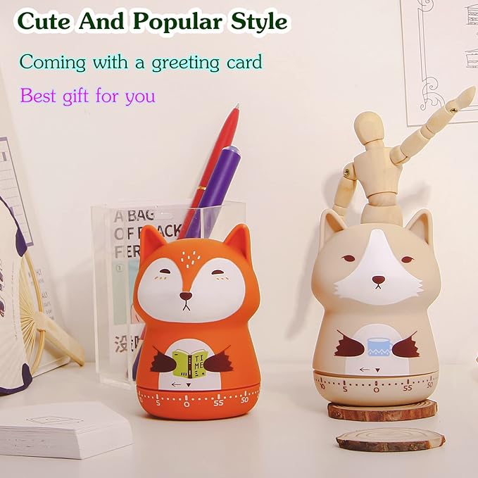 NUOSWEK Mechanical Kitchen Timer, Cute Animal Timer for Kids, Wind Up 60 Minutes Manual Countdown Timer for Classroom, Home, Study and Cooking (Beige Wolf)