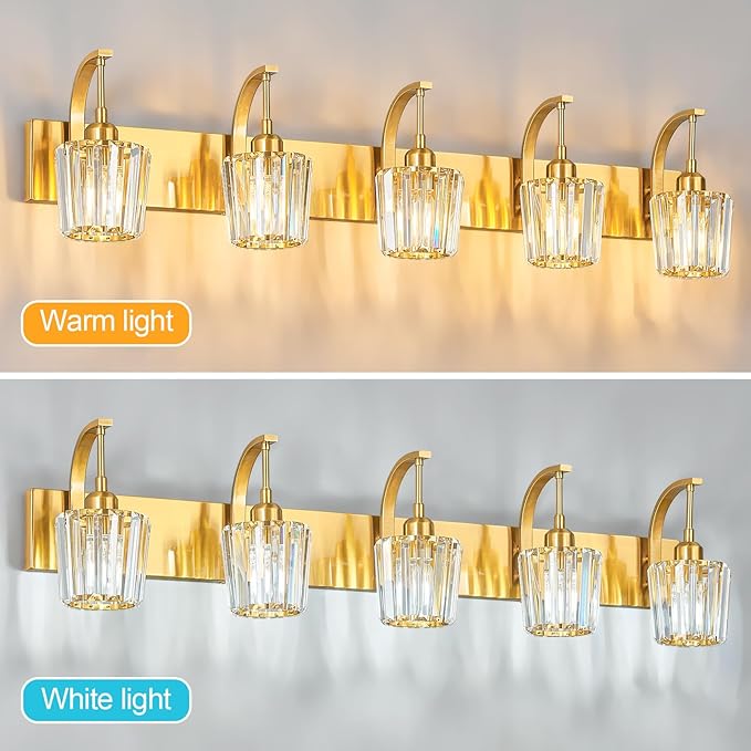 FDPBY Modern Bathroom Vanity Light, 5-Light Gold Wall Sconce with Crystal Accents, Over Mirror Bathroom Lighting Fixture, 42.52" Long Dimmable Vanity Lamp for Makeup, Easy Installation