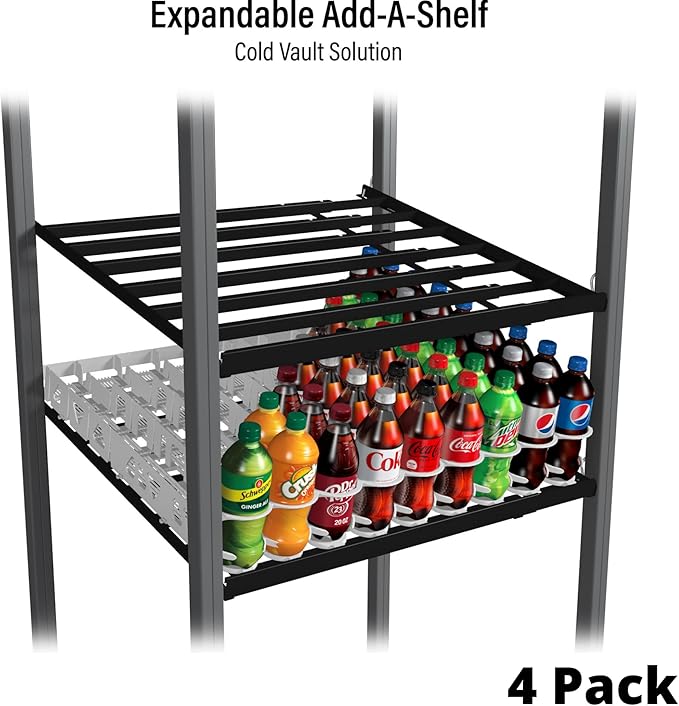 Display Technologies Cold Vault Expandable Add-A-Shelf (Pack of 4) - Maximize Storage and Organization in Your Cold Storage, Drink Organizer for Cans, Bottles and More