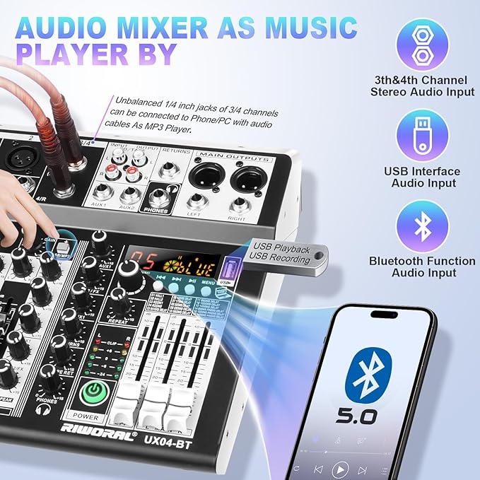 4 Channel Audio Interfacer DJ Mixer Sound Board 16-Bit DSP Effect USB Audio Mixer Effects +48V Phantom Bluetooth for Karaoke Studio Streaming Recording,Live Streaming
