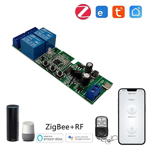 Newgoal Zigbee Tuya Smart 2 Channel Smart Relay Module with 433RF Remote Control USB 5V 7-32V Jog/Lock Switch Compatible with Alexa Google Home (Requires ZigBee Hub)