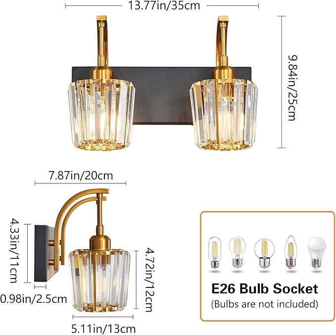 FDPBY Modern Bathroom Vanity Light, 2-Light Black Gold Wall Sconce with Crystal Accents, Over Mirror Bathroom Lighting Fixture, 13.77" Long Dimmable Vanity Lamp for Makeup, Easy Installation