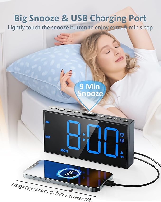 Loud Alarm Clock for Heavy Sleepers Adults,Bed Shaker Alarm Clock with 2 Alarms for Everyday/Weekday/Weekend,Dimmer,Snooze,USB Charging Port,12/24H DST,Vibrating Clock for Hard of Hearing/Teens