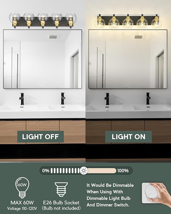 METWET Bathroom Light Fixtures, 5-Light Black and Gold Bathroom Vanity Light, 32 Inch Modern Wall Sconces with Globe Clear Glass Shade, Vanity Lighting Fixtures Over Mirror, VL195-KG-5