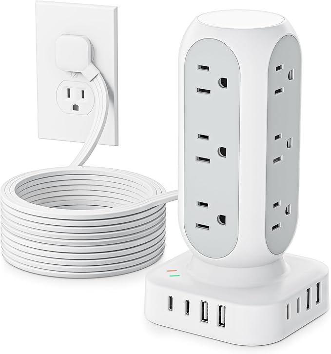 Tower Surge Protector Power Strip, 10FT Extension Cord with Multiple Outlets, Flat Plug Outlet Extender with 12 AC Outlets & 8 USB Ports, 24W Total Charging Station for Home Office Dorm Room